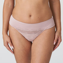 Load image into Gallery viewer, Bois de Rose. Wide banded soft and comfortable tanga style G/String. Tonal embroidered lace on a tulle background. Laser cut back for smoothness under skirts, trousers and dresses.   Fabric: Polyamide: 63%, Elastane: 24%, Cotton: 7%, Polyester: 6%

