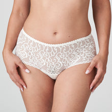 Load image into Gallery viewer, A sexy, opulent luxury G/String made from a soft, wide embroidered fabric. The fit is flattering over the hip and bum giving a shorts look to the front. The feminine, ivory colour is perfect under light-coloured clothing. Pure elegance!  Fabric content: Polyester: 45%, Polyamide: 37%, Elastane:12%, Cotton: 6%
