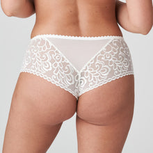Load image into Gallery viewer, A sexy, opulent luxury G/String made from a soft, wide embroidered fabric. The fit is flattering over the hip and bum giving a shorts look to the front. The feminine, ivory colour is perfect under light-coloured clothing. Pure elegance!  Fabric content: Polyester: 45%, Polyamide: 37%, Elastane:12%, Cotton: 6%
