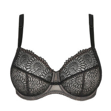 Load image into Gallery viewer, Black. This underwire bra is feminine, comfortable, and super-luxurious. The tonal colour creates an edgy tattoo effect. The removable extra straps accentuate your feminine cleavage. Looks wonderful under a V-neck top or dress. The embroidered lace is both soft and supple. The bra is 3 panelled and fully supportive.  Fabric: Polyamide: 60%, Polyester: 25%, Elastane:15%
