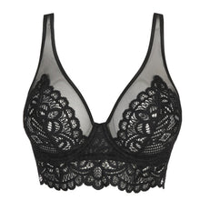 Load image into Gallery viewer, A beautiful Black lace and mesh Bustier style triangle underwire bra.
