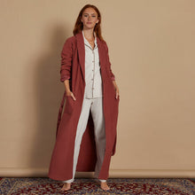 Load image into Gallery viewer, Sienna Soft full length fleece dressing gown. Matching toned satin finish on cuffs and belt. Two patch pockets. The belt at the waist puts the final touch to this light elegant and cosy robe.  Composition 70% Polyester, 30% Viscose. 

