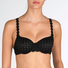 Load image into Gallery viewer, Black underwired, non-padded bra. Signature Avoro dainty daisy straps, may be worn as normal or in a halter style
