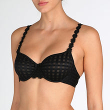 Load image into Gallery viewer, Black underwired, non-padded bra. Signature Avoro dainty daisy straps, may be worn as normal or in a halter style
