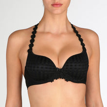 Load image into Gallery viewer, Black formed smooth bra with a sweetheart-shaped cup. The straps may be worn normally but also adapt to a halter style. Daisy strap detail.
