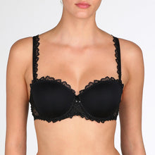 Load image into Gallery viewer, This is the attractive end of the strapless bra market. Beautifully smooth to the front but with a delicate lace trim on the cup to counterbalance any severity. The removable straps, if worn, are dainty and lace trimmed. This bra has the added bonus to create the halter style also. Fabric content: Polyamide: 53%, Polyester: 35%, Elastane: 12%. Black.

