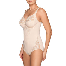 Load image into Gallery viewer, A luxurious figure-fixing body with three-section underwire, finished with abundant embroidery on cups, straps, leg openings and front section. The firm cups give an excellent lift while the side sections on the cups nudge the bust towards the centre. The cups also are deeper than any other Prima Donna bra, which ensures better uplift for largest sizes. The central section of the body smoothes away lumps and bumps on tummy and waist, creating a flowing figure. Caffé Latte.
