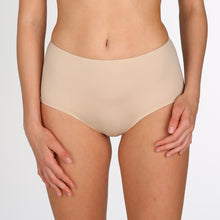 Load image into Gallery viewer, Perfect fit and comfort thanks to these high briefs without visible seams or stitching. The soft microfibre fits snugly over the bum and offers light control on the tummy. A fine glossy border on the waist adds a luxurious touch. No label on the inside and with a soft cotton gusset. These briefs are worn high on the tummy and rest on the hip to elongate the legline.  Fabric Content: Polyamide: 79%, Elastane:15%, Polyester: 4%, Cotton: 2%. CAFFÉ LATTE.
